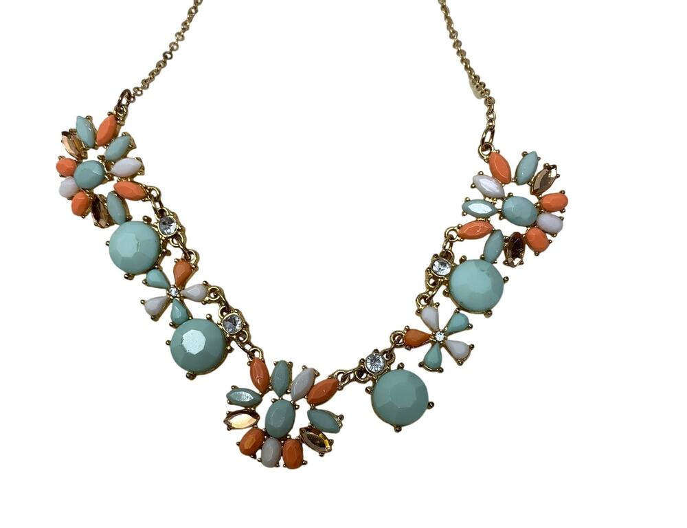 J. Crew Short Statement Necklace Turquoise Coral Gold Tone Chain